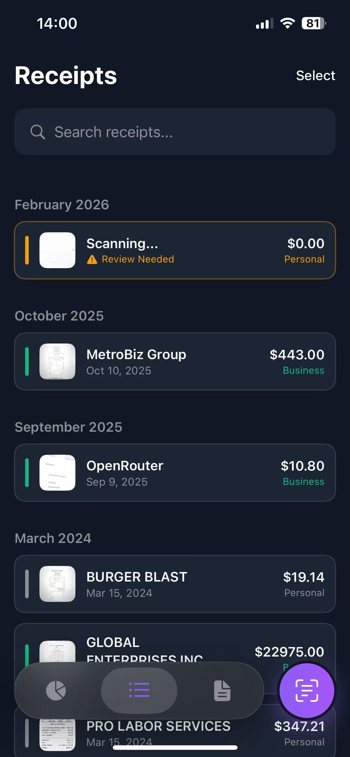 TaxLens receipt list separating business and personal expenses