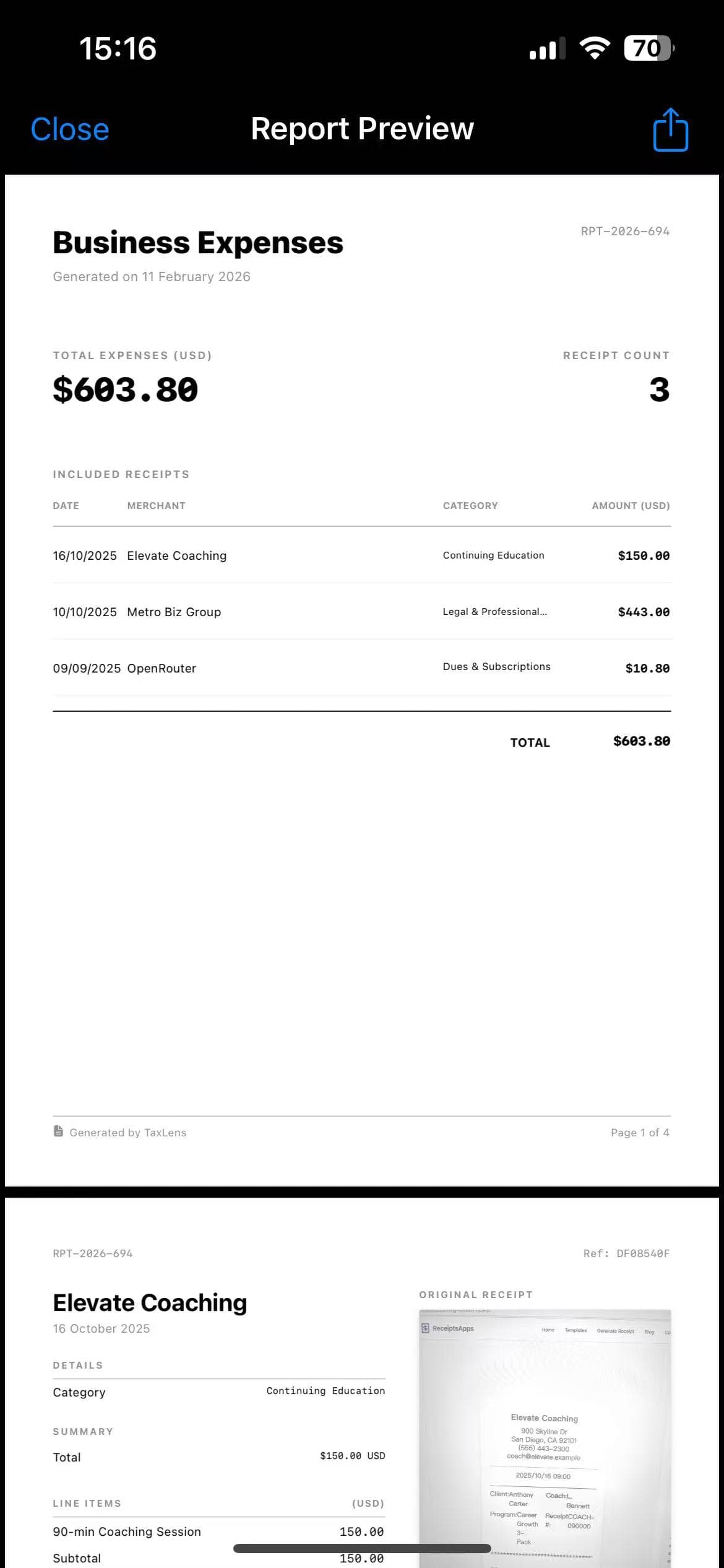 TaxLens accountant-ready report export in PDF, CSV, and XLS