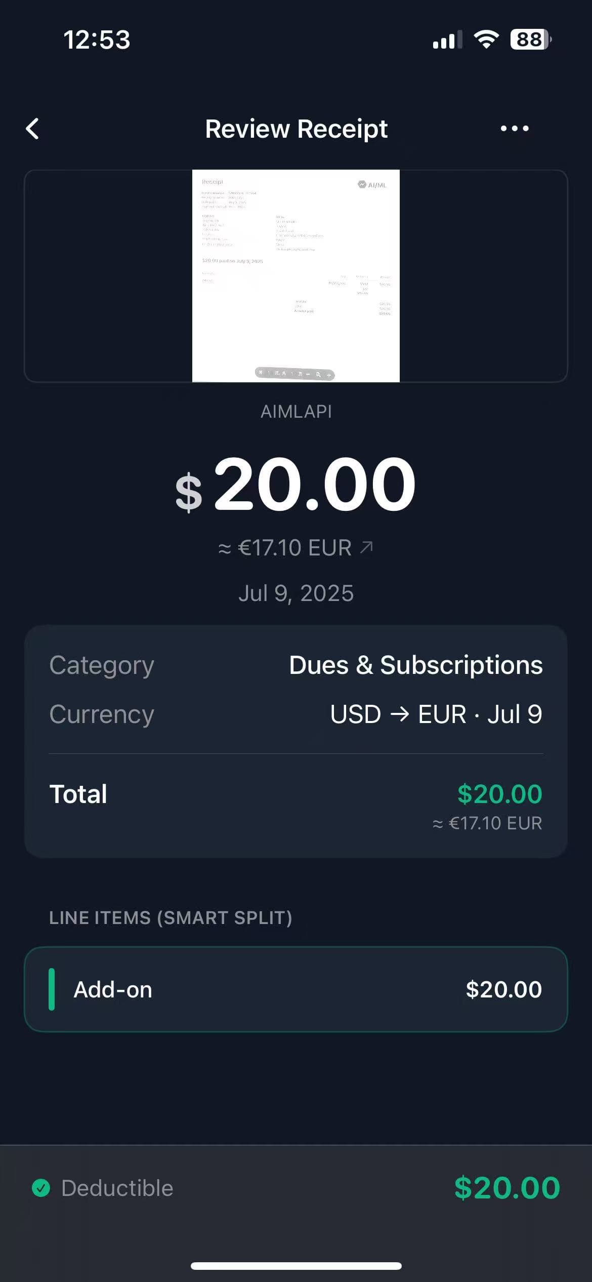 TaxLens receipt review with deductible badge and currency conversion